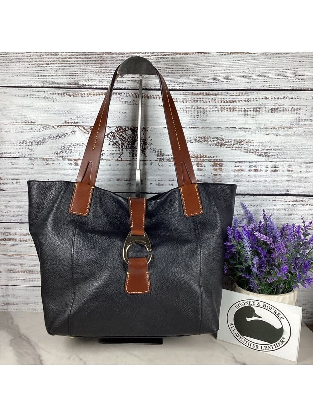 DOONEY & BOURKE SHOULDER BAG BLACK BROWN LEATHER DERBY PEBBLE EAST WEST SHOPPER‎